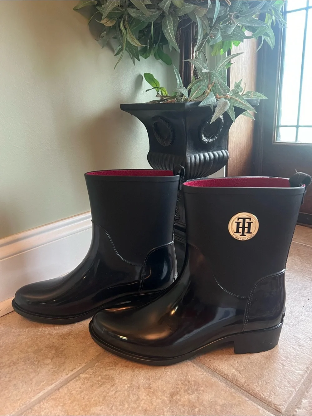 Tommy Hilfiger Black Short Rain Boots with Red Interior